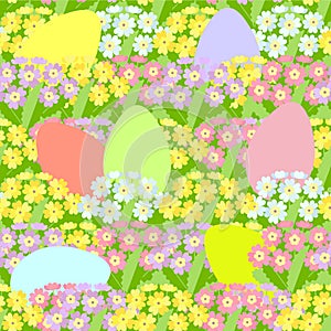 Primrose seamless pattern, easter eggs